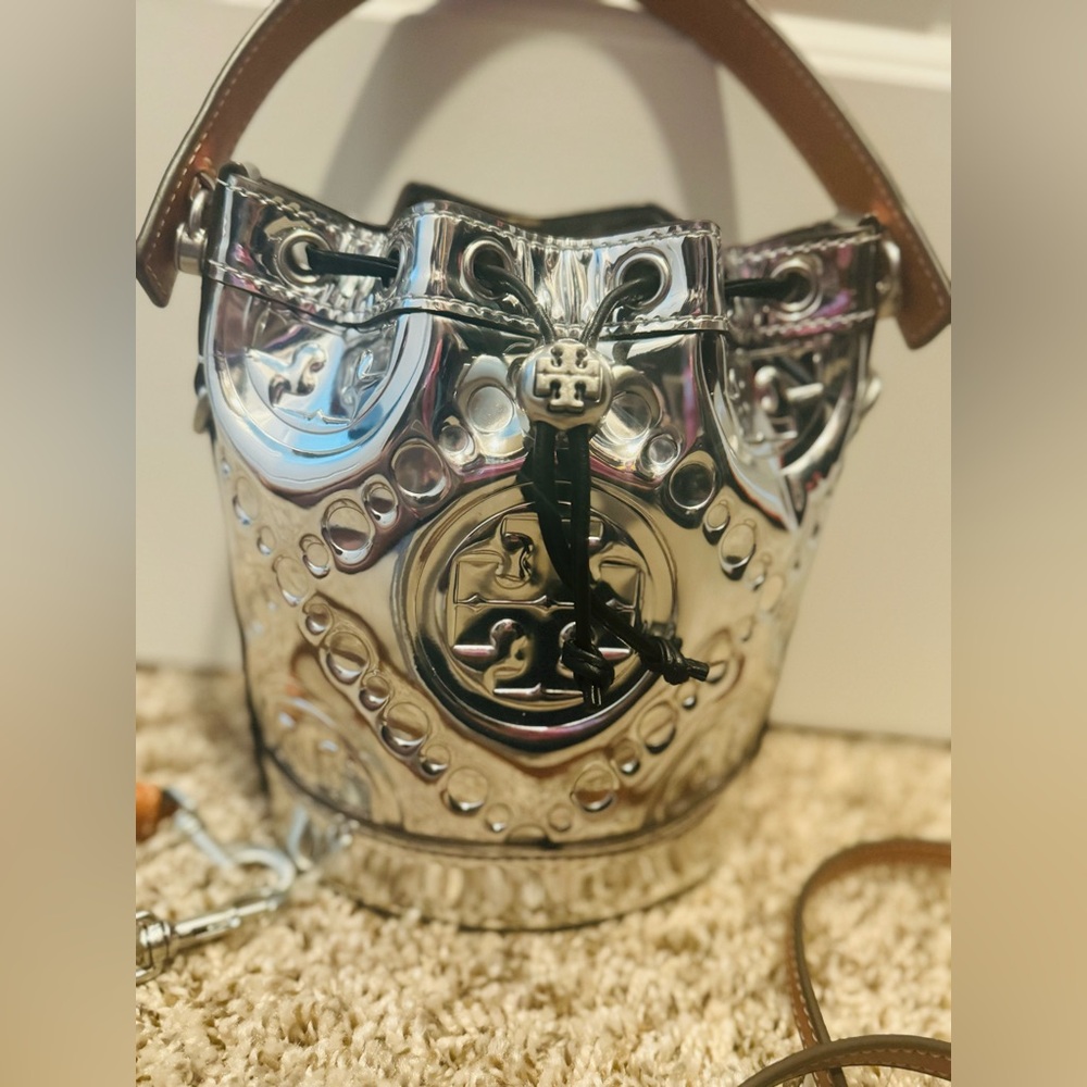 Tory Burch Mini T Monogram Embroidered Patent Silver Bucket Crossbody Bag